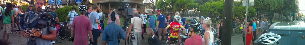 A poor attempt at a mosaic of the group of cyclists and local officials gathered to celebrate the completion of the Waialae Avenue bike lane.