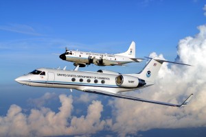 Gulfstream IV-SP and WP-3D Orion flown by the NOAA Hurricane Hunters