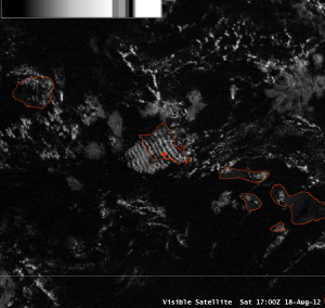 Visible satellite image showing wave clouds over and to the southwest of Oahu.  7am HST, August 18th, 2012.