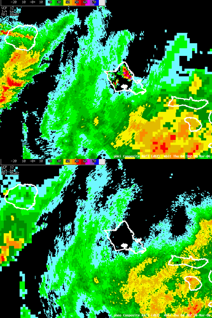 The Kauai radar (top) shows high returns over the Koolau Range due to AP. The Molokai radar (bottom shows clear conditions at the same time.