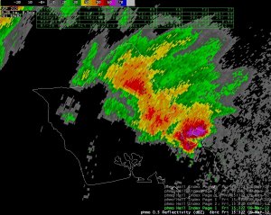 Radar image of a supercell thunderstorm from March 9th, 2012. This storm brought large hail to Kailua and Kaneohe, including a record-setting hailstone that measured 4.25 inches long, and generated a tornado that damaged homes in Lanikai.