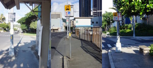 View of the three bus stops along South Street, showing their proximity to curb cutouts.  (Stop #1065 at South/Auahi is temporarily closed due to construction.)