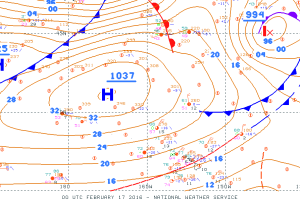 Surface analysis from 2 pm HST 2/16/16 showing strong high pressure northwest of Hawaii. Image courtesy of NOAA.