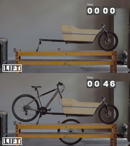 The LIFT cargo attachment, by itself and with a bike attached.