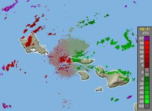 Example of a base velocity image from the Molokai Radar. The transition from green (toward the radar) to red (away from the radar) is representative of the ongoing strong trade winds out of the east-northeast. Image from 10/30/2016.