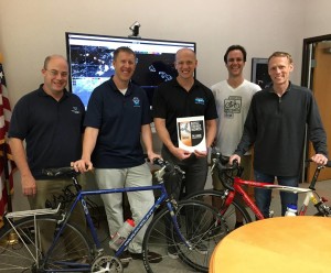 National Weather Service Honolulu and Central Pacific Hurricane Center being presented a bronze-level Bicycle Friendly Business Award. From left, Bob Ballard, John Bravender, Chris Brenchley, Daniel Alexander (HBL), and Matt Foster. (May 18, 2017)