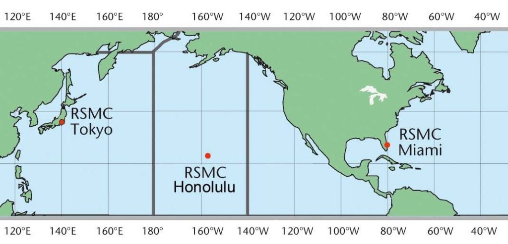 Map showing the area of responsibility for RSMCs Tokyo, Honolulu, and Miami