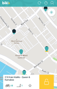 Screenshot of the Biki app showing bikeshare stations near Whole Foods