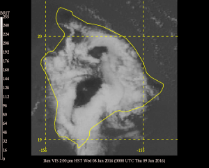 Visible satellite image showing clouds across the lower slopes, but clear skies across the summits of Mauna Kea and Mauna Loa. GOES image courtesy of the Mauna Kea Weather Center satellite archive. Click on the image for a full loop from June 8th, 2016.